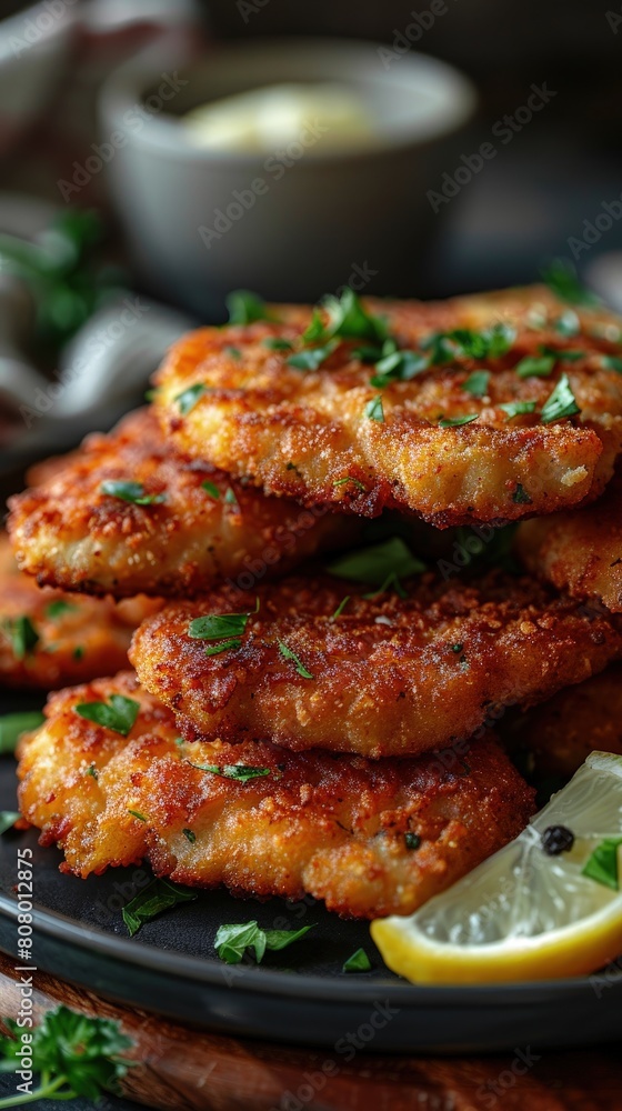 Pork schnitzel, breaded and fried, lemon wedge on the side. Pork schnitzel, breaded and fried, lemon wedge on the side.
