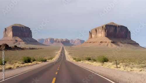 A remote desert road flanked by mesas and buttes upscaled 4 photo