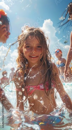 Pool party, kids splashing, joyful summer vibes.