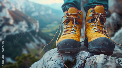 A closeup of Bouldering Climbing shoes, against Rock as background, hyperrealistic sports accessory photography, copy space