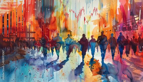 A painting of a city street with a group of people walking down it