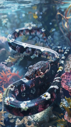 Sea krait on coral reef, venomous swimmer, graceful. photo