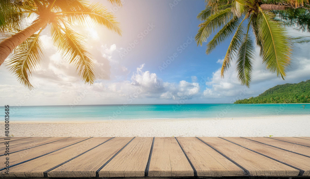 beach with palm trees and sea. serene beauty of a tropical beach viewed from a wooden pier. Summer vacation and travel background 