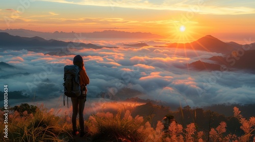 A young female tourist happily watches the mist and light of the morning sun while a female Asian tourist soaks in the beauty of the natural mountain landscape during a blissful vacation trip.