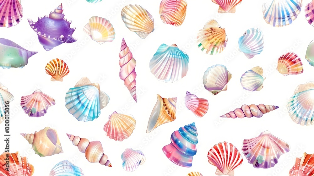 Vibrant Seashell Pattern with Iridescent Hues on White Background Vibrant Seashell Pattern with Iridescent Hues on White Background