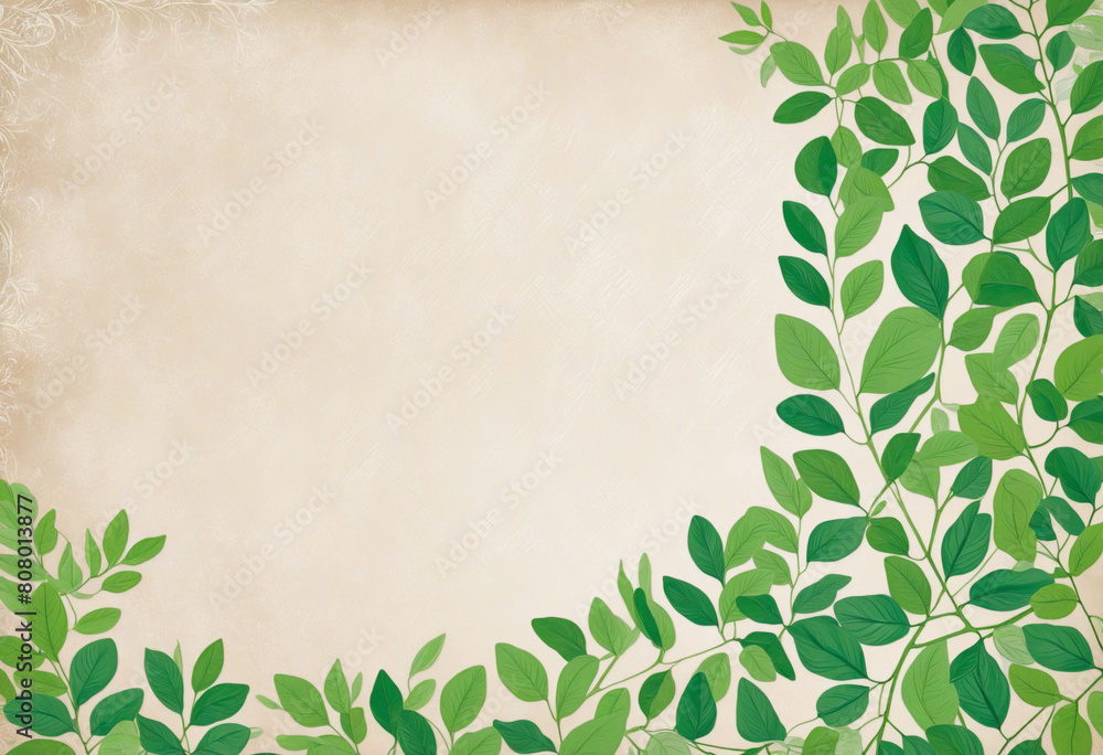 Fototapeta premium Botanical Green Leaves Border on Paper Background: A Modern Generative AI Composition 