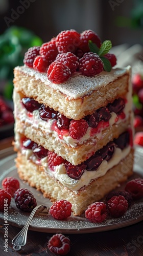 Sponge cake, light and airy, layered with jam and cream.