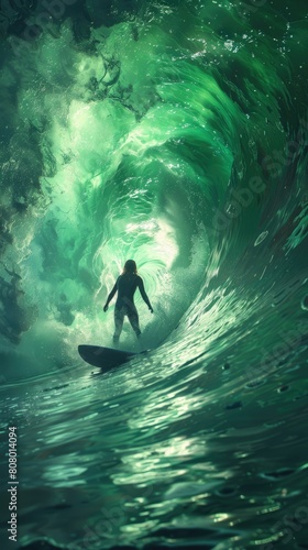 Surfing under the northern lights, surreal atmosphere, icy waters.