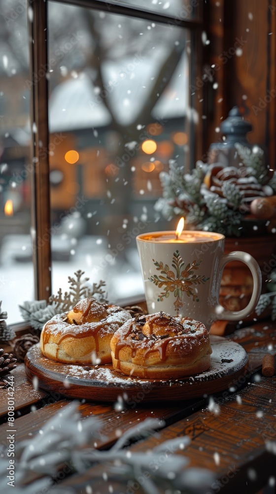 Swedish fika time, cozy café, cinnamon buns, coffee, snow falling outside window. Swedish fika time, cozy café, cinnamon buns, coffee, snow falling outside window.
