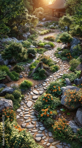 Sustainable garden using permaculture principles to create a self-sustaining ecosystem.
