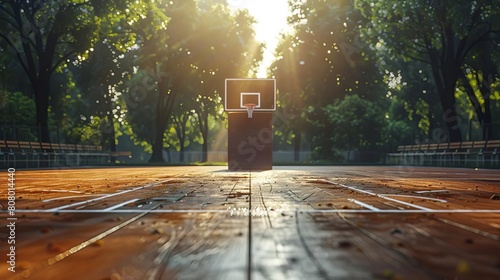 Sporty podium at a basketball court, launching a new athletic shoe line, game sounds in the background photo