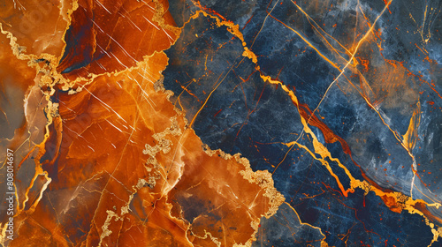 Dramatic tawny orange deep blue marble effect enhanced with golden veins for a sophisticated stone look