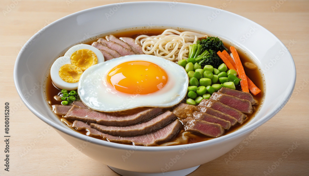 Traditional Japanese Ramen Bowl with Beef, Udon Noodles, Egg, and Asian Vegetables on a Porcelain Table Setting Traditional Japanese Ramen Bowl with Beef, Udon Noodles, Egg, and Asian Vegetables on a Porcelain Table Setting