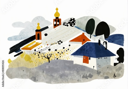 illustration with old houses, mountains and trees. tempera paper, watercolor