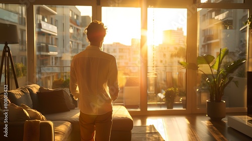 Serene morning view as man gazes out of a modern apartment window photo