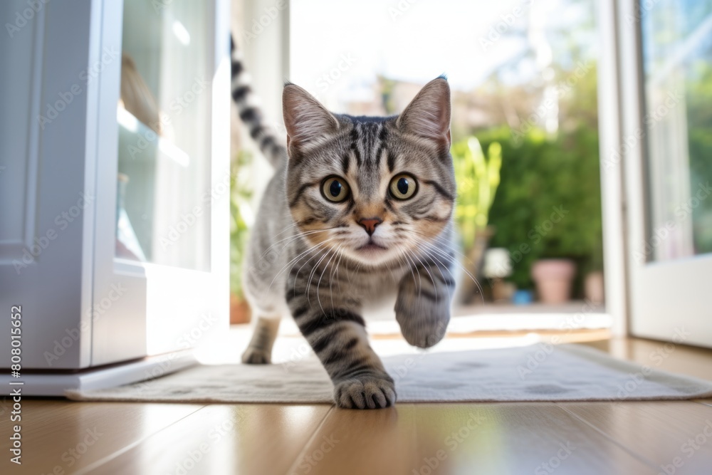 Medium shot portrait photography of a smiling american shorthair cat hunting in bright window