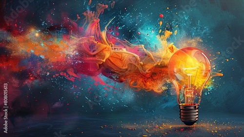 The image shows a light bulb with a colorful smoke coming out of it. The colors are vibrant and bright. The image is abstract and can be interpreted in many ways.