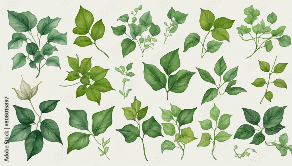 An AI-generated collection of vector botanical elements featuring various plant leaves, ideal for nature-inspired designs and layouts 