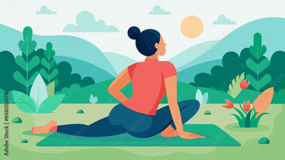 An individual with chronic back pain lying on a yoga mat in a peaceful garden setting surrounded by soothing nature sounds guided by an experienced. Vector illustration An individual with chronic back pain lying on a yoga mat in a peaceful garden setting surrounded by soothing nature sounds guided by an experienced. Vector illustration