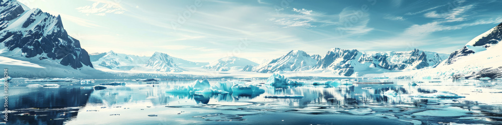 Fototapeta premium Breathtaking panoramic view of icy landscape with floating icebergs and snow-clad mountains under a clear blue sky