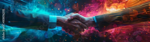 Two AIs making a handshake agreement to protect humans from harm. photo