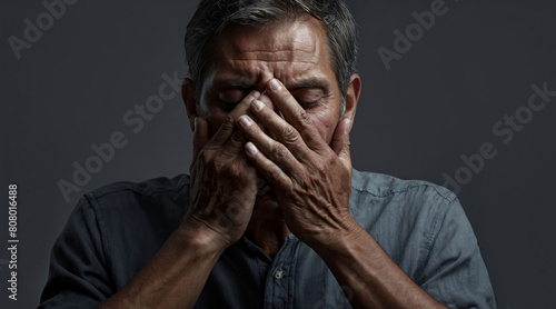 Depressed sad man on grey black solid background with copy space. Worried unemployed man. Depression, mental health concept © CreativeMania