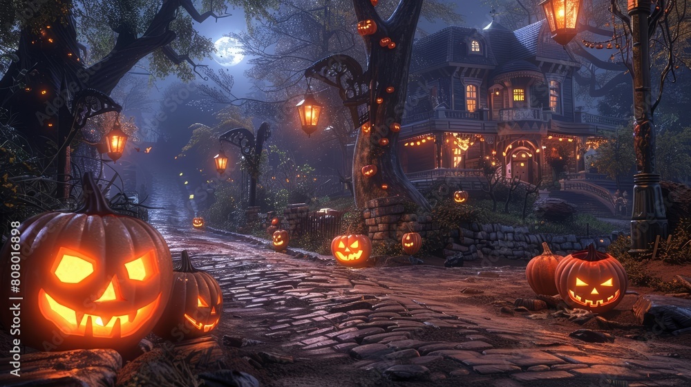 A spooky Halloween night scene with pumpkins and haunted houses A spooky Halloween night scene with pumpkins and haunted houses