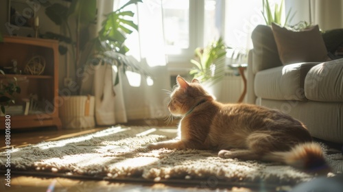 A pet lounging on a plush rug in a sunlit living room, furry companionship
