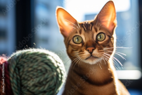 Environmental portrait photography of a smiling abyssinian cat playing with ball of wool isolated on bright window