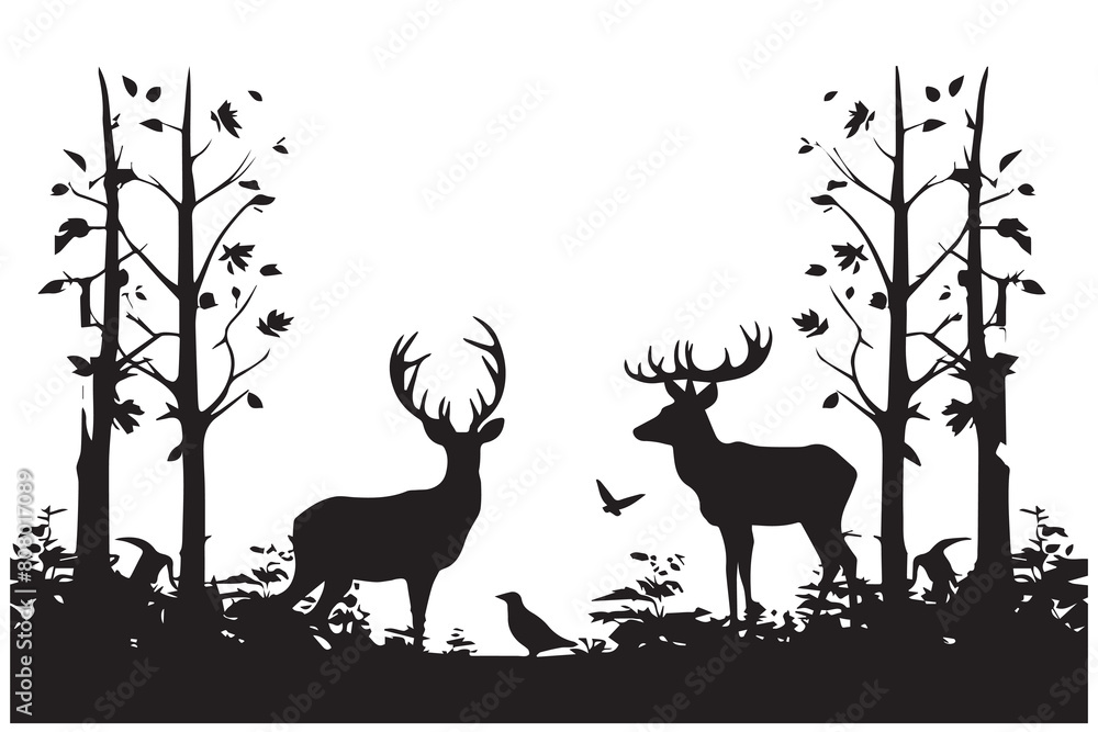 Forest trees deer family silhouettes Forest trees deer family silhouettes