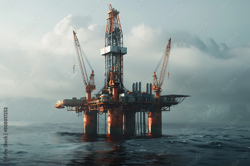  image of an oil rig towering over the ocean waves, depicting industrial prowess amidst natural beauty.