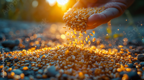 A hand pours wheat into the ground. The photo can be used to illustrate the Gospel parable of the sower photo