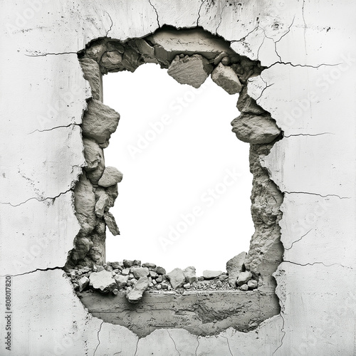 hole breaking through old grey cracked concrete wall. white background. cut out.