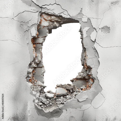 hole breaking through old grey cracked concrete wall. white background. cut out.