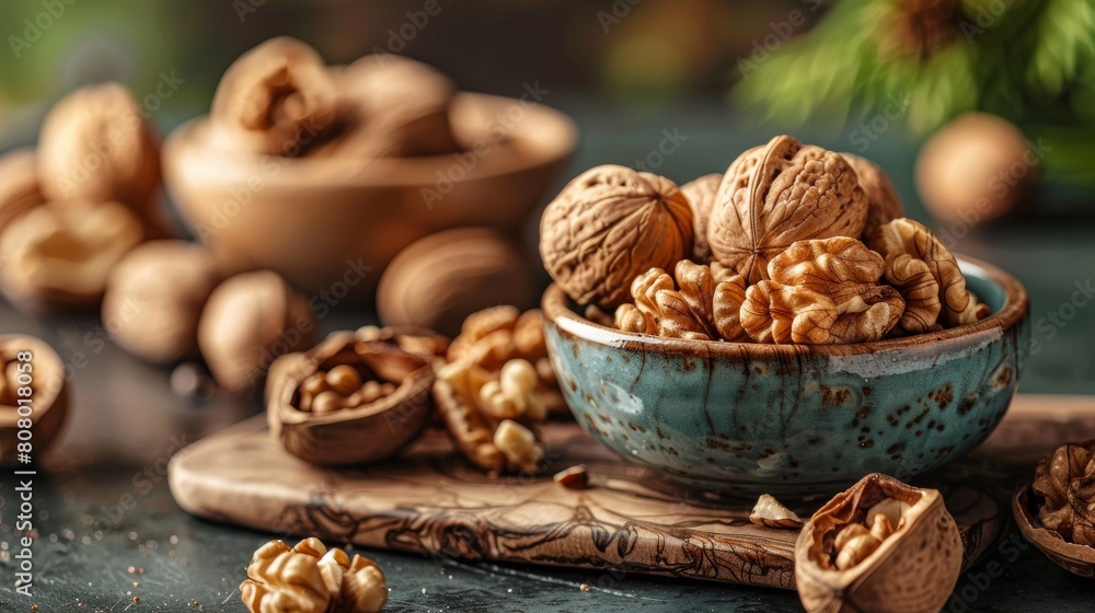 Fototapeta premium A bowl of nuts and walnuts on a table with some scattered around, AI