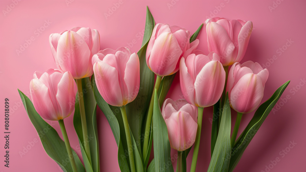 A bouquet of pink tulips is arranged in a vase A bouquet of pink tulips is arranged in a vase