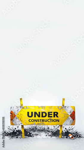 Flat isometric vector like banner illustration UNDER CONSTRUCTION isolated on white background, copy space, 9:16