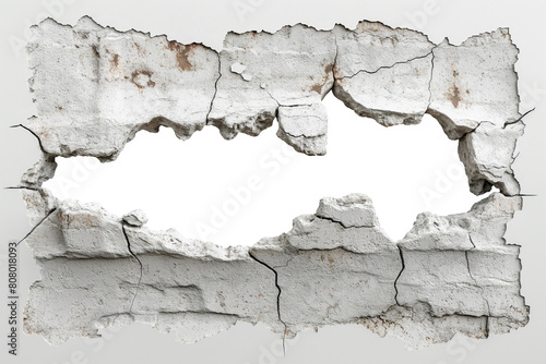hole breaking through old grey cracked concrete wall. white background. cut out.