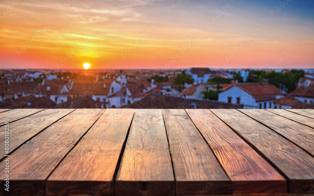 wooden empty table mockup with city houses background wooden empty table mockup with city houses background