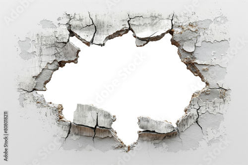 hole breaking through old grey cracked concrete white wall. white cement background. cut out.