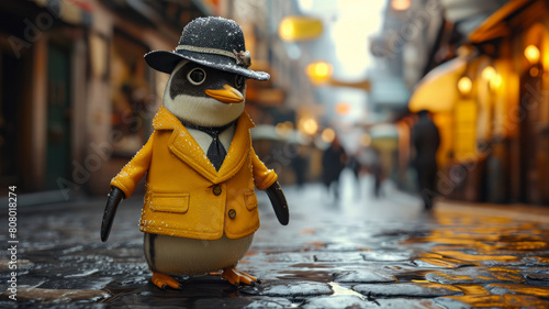 Dapper penguin struts through city streets in tailored elegance, embodying street style. photo