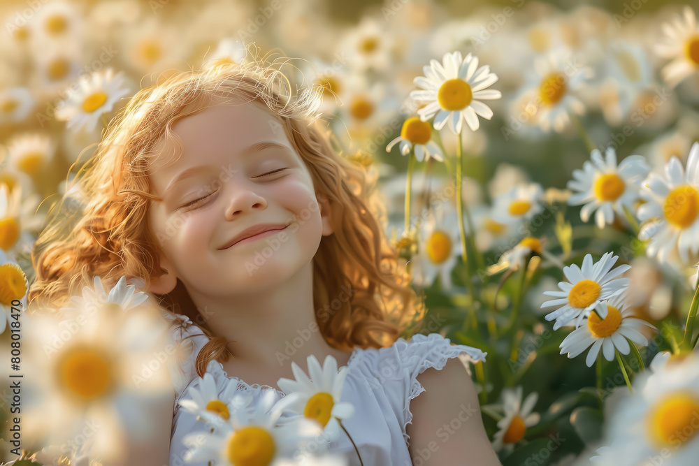 A young girl is sitting in a field of daisies, smiling and looking up at the sky A young girl is sitting in a field of daisies, smiling and looking up at the sky