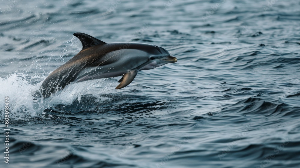 A playful dolphin jumping out of the water in a graceful arc, joy of marine life