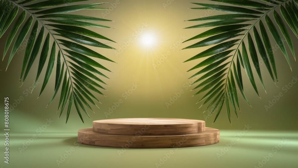 Summer podium, showcase in tropical palm leaves. Wooden stand, display on green background with sunlight for advertising products. Natural eco background. Summer podium, showcase in tropical palm leaves. Wooden stand, display on green background with sunlight for advertising products. Natural eco background.