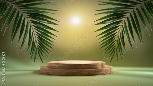 Summer podium  showcase in tropical palm leaves. Wooden stand  display on green background with sunlight for advertising products. Natural eco background.