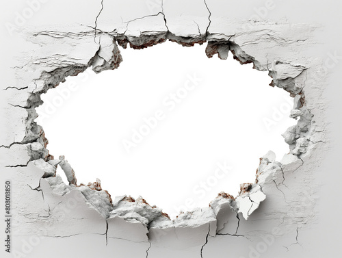 hole breaking through old grey cracked concrete wall. white background. cut out. photo