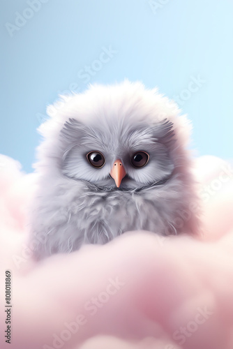 A hyperrealistic 3Drendered fluffy owl resting on a pastel cloud, volumetric lighting, isolated on white