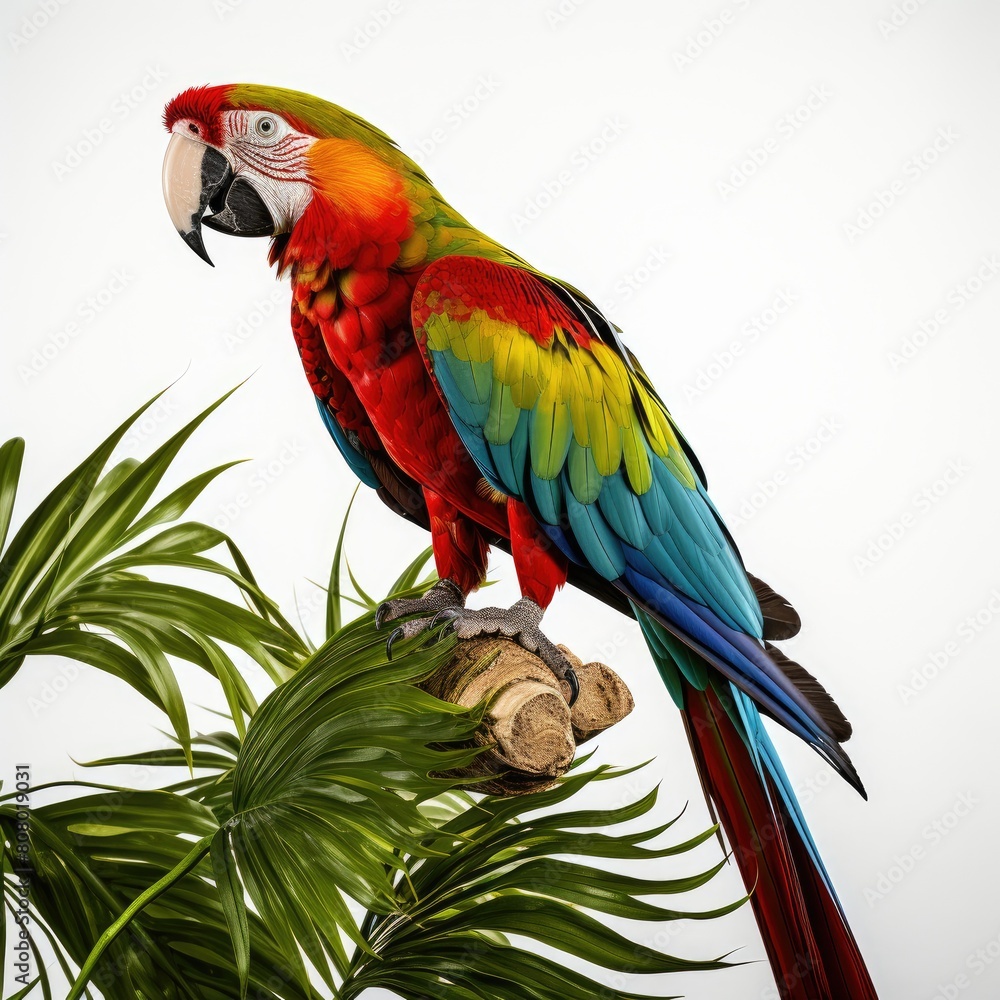 Parrot sitting on branch with leafs isolated on white background