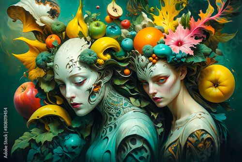 Two girls standing sideways with fruits and flowers around their heads