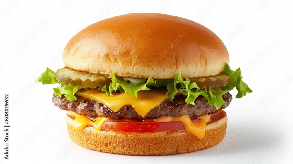 a juicy cheeseburger with melted cheese, fresh lettuce, ripe tomatoes, and a toasted bun, presented on a pristine white background, enticing viewers with its delicious simplicity a juicy cheeseburger with melted cheese, fresh lettuce, ripe tomatoes, and a toasted bun, presented on a pristine white background, enticing viewers with its delicious simplicity